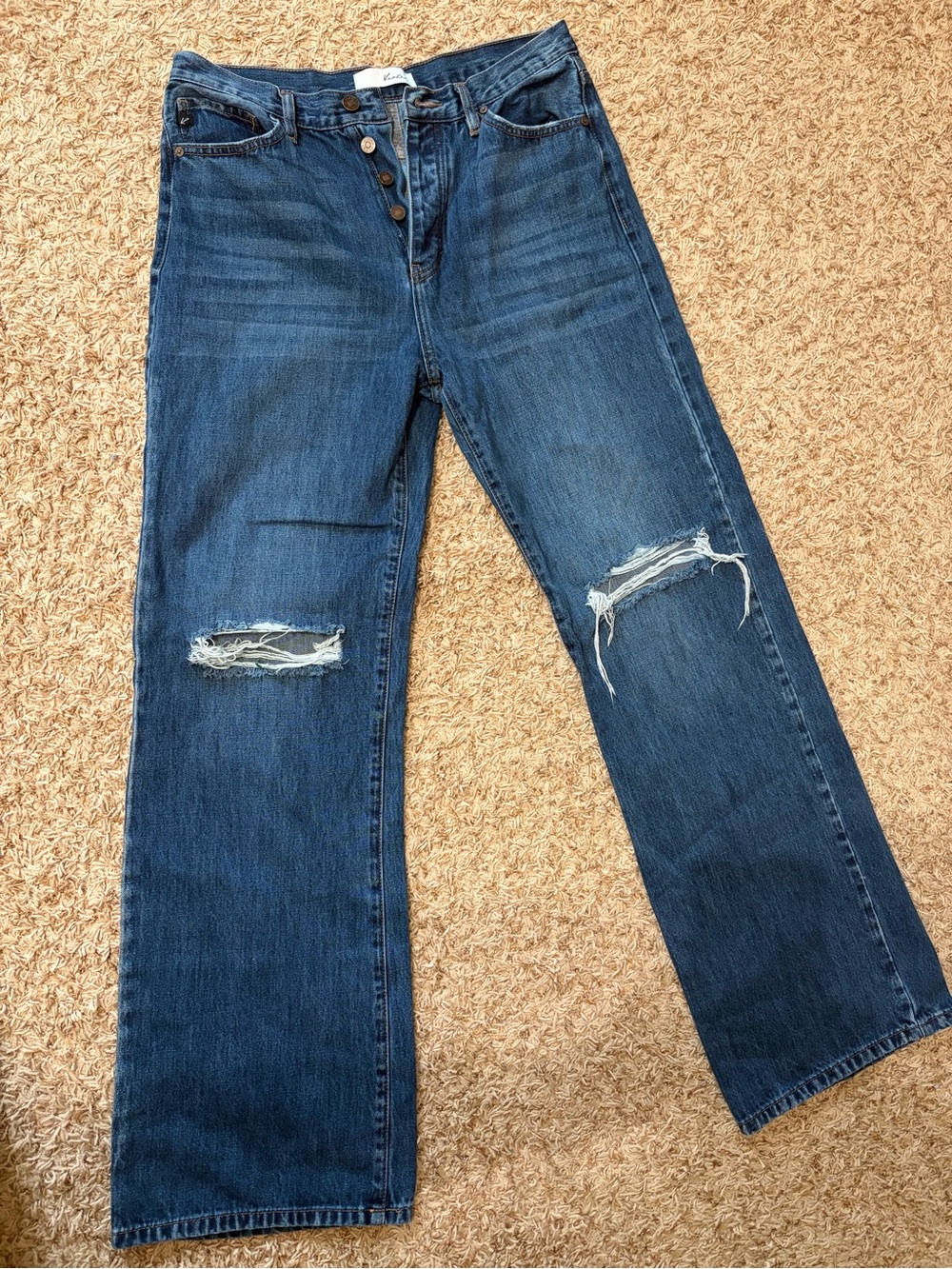 KanCan Dark Blue High-Rise Flare Jeans with Knee Rips